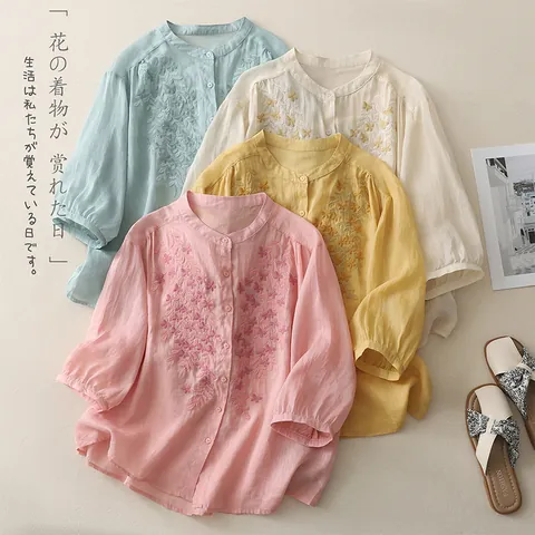Women's Ethnic Embroidery Cotton Linen Blouse Vintage Floral Single Breasted Top 3/4 Sleeve Loose Casual Shirt Summer