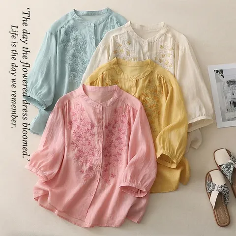 Women's Ethnic Embroidery Cotton Linen Blouse Vintage Floral Single Breasted Top 3/4 Sleeve Loose Casual Shirt Summer