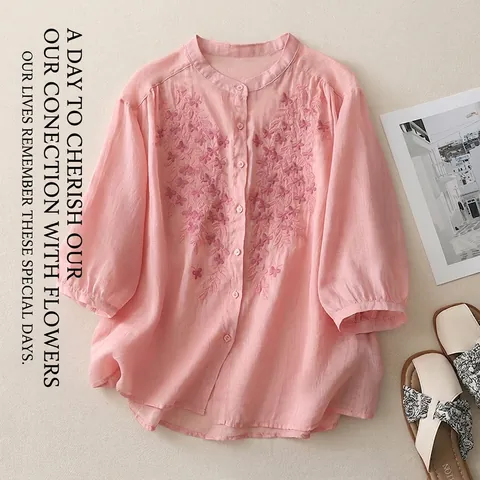 Camicia da Donna in Cotone Lino con Ricamo Etnico Vintage Floreale Monopetto Top Manica a 3/4 Casual Estiva Larga