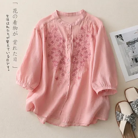 Women's Ethnic Embroidery Cotton Linen Blouse Vintage Floral Single Breasted Top 3/4 Sleeve Loose Casual Shirt Summer