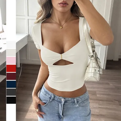 Dames Sexy Korte Mouw T-Shirt Polyamide Spandex Opengewerkt Metalen Gesp Slim Fit Effen Kleur Y2K Stijl Crop Top