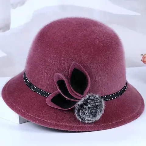 Dames Vintage Wollen Mix Cloche Hoed Elegant Bloem Decor Warme Vissershoed Met Pompon Voor Senioren Herfst Winter Hoed