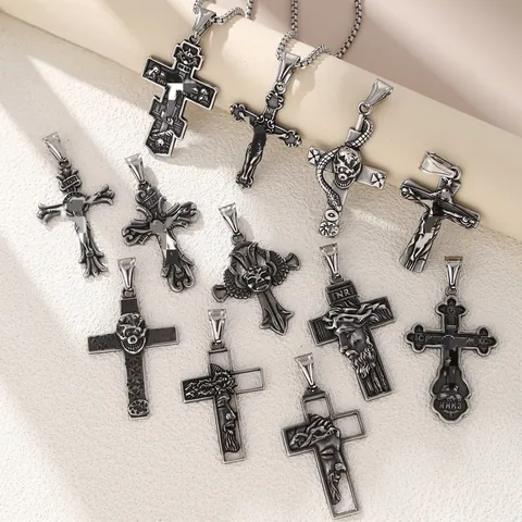 Collana con Ciondolo a Croce in Acciaio Inossidabile Vintage per Uomo Crocifissione di Gesù Gioielli Religiosi Gotici Punk Collana Distressed
