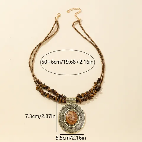 Collana Vintage Bohémien con Ciondolo in Ghiaia di Turchese Lega di Zinco Tonda Incisa Cavo Etnico Gioielli per Donna