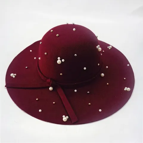 Women Vintage Elegant Wide Brim Fedora Hat Polyester Felt Dome Beaded Artificial Pearl Decor Hat With Bowknot For Autumn Winter