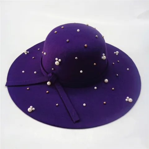 Women Vintage Elegant Wide Brim Fedora Hat Polyester Felt Dome Beaded Artificial Pearl Decor Hat With Bowknot For Autumn Winter