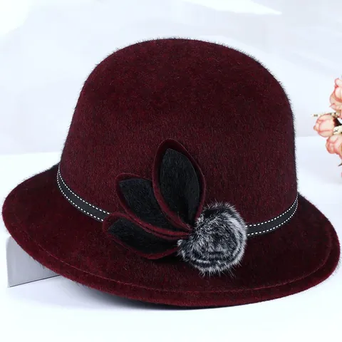 Dames Vintage Wollen Mix Cloche Hoed Elegant Bloem Decor Warme Vissershoed Met Pompon Voor Senioren Herfst Winter Hoed