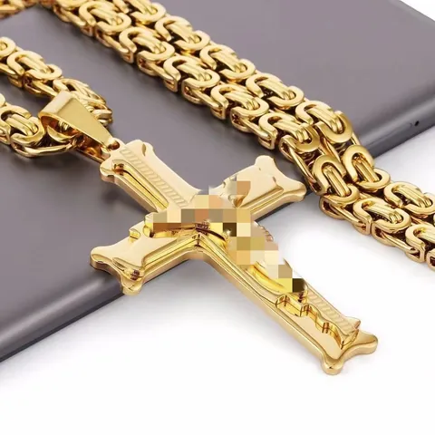 Hombres Acero Inoxidable Cruz Crucifijo Colgante Collar Religioso Bicolor Oro Plata Chapado Cadena Bizantina Joyería de Moda Regalo