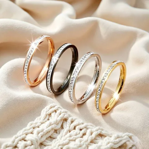 Korean Minimalist Stainless Steel Single Double Row Rhinestone Ring For Women INS Fashion Elegant High End Thin Inlaid Band Finger Ring Jewelry