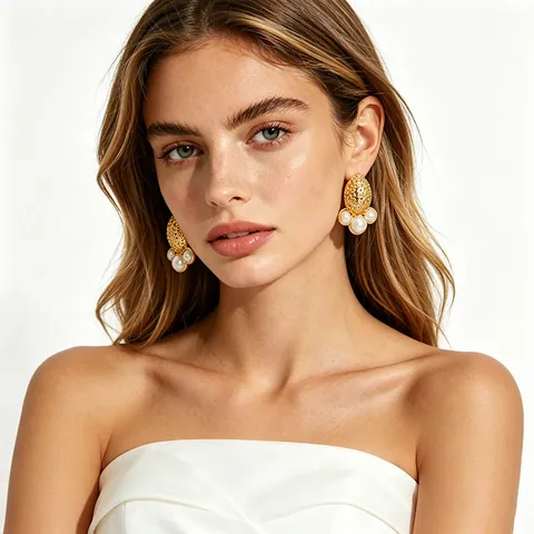 Edelstahl Künstliche Perlenstecker Ohrringe Mit 18K Vergoldung Hammerschlag Textur Vintage Eleganter Stil Schmuck Für Damen