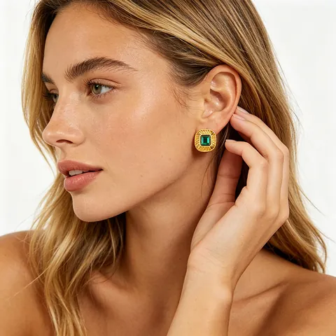 Bow And Square Stud Earrings 18K Gold Plated 304 Stainless Steel With Zircon And Green Glass Vintage Niche For Women