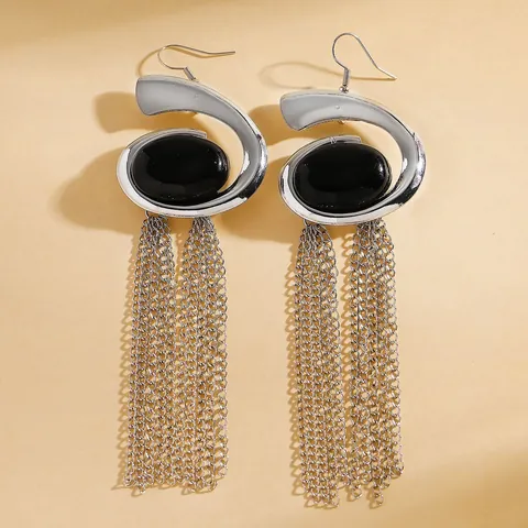 Women Fashion Exaggerated Snail Spiral Tassel Choker And Long Drop Earrings Silver Tone Black Resin Stone Jewelry Accessory