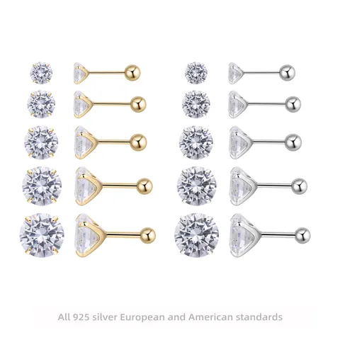 925 Sterling Silver Stud Earrings For Women Classic Round Cut Zircon Four Prong Set Minimalist Screw Back Ear Piercing
