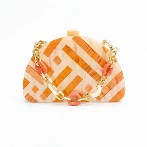 Semi-Circular Acrylic Evening Bag Marble Texture Color Block Patchwork With Metal Chain For Women Wedding Party Clutch