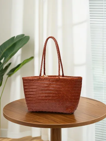 Borsa A Mano Intrecciata In Vera Pelle Grande Capacità Tote Style Vintage Francese Pelle Di Vacchetta Fatta A Mano