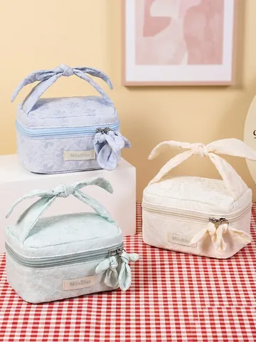 Trousse De Toilette Jacquard Fleurie Femme Portable Pochette De Maquillage Avec Poignée À Nœud Broderie Style Coréen