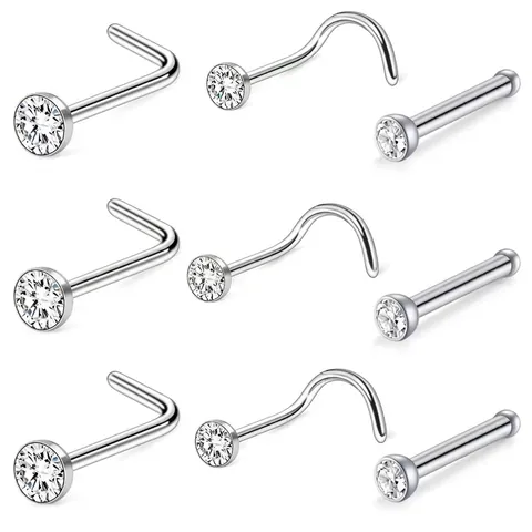 Stainless Steel Nose Studs With Round Clear Zircon Piercing Jewelry L-Shape Bone Screw Bar Elegant Accessory For Women