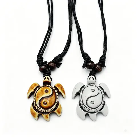 Vintage Sea Turtle Pendant Necklace Imitation Bone Resin Yin Yang Carving Ethnic Tribal Adjustable Rope Cord With Wood Beads Unisex