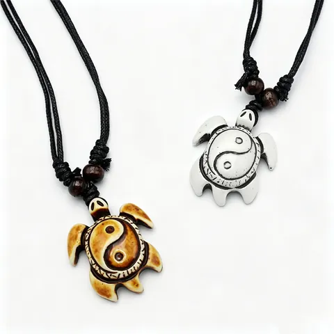 Vintage Sea Turtle Pendant Necklace Imitation Bone Resin Yin Yang Carving Ethnic Tribal Adjustable Rope Cord With Wood Beads Unisex