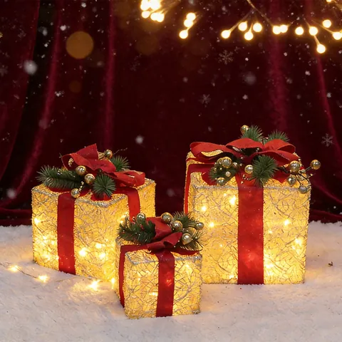 Cajas De Regalo De Navidad Luminosas Malla De Hierro Con Luz LED Lazo De Cinta Aguja De Pino Bayas Decoración Festiva