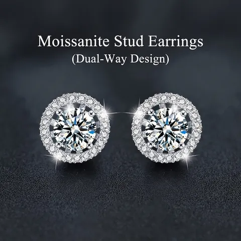 925 Sterling Silver Moissanite Stud Earrings Two-Way Wear Round Halo Earring Jackets Sparkling D Color Fine Jewelry For Women