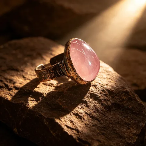 Vintage Natural Rose Quartz Open Ring For Women Bronze Plated Adjustable Irregular Pink Crystal Stone Bohemian Fashion Jewelry