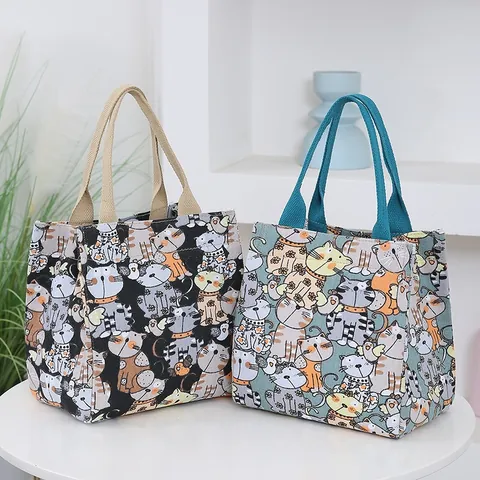 Cartoon Cat Print Canvas Handbag For Women Large Capacity Casual Shoulder Bag Fashion Travel Portable Lunch Tote Bag