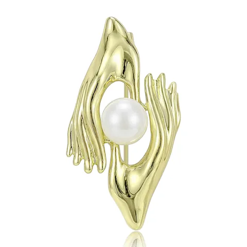 Spilla in Lega con Mani Creative che Tengono una Perla Artificiale Galvanica Minimalista per Abito da Donna Gioielli Regalo