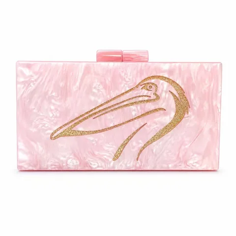 Pochette De Soirée Acrylique Rose Motif Marbre Coque Rigide Design Oiseau Pélican Avec Chaîne Et Bandoulière Perles Pour Femmes
