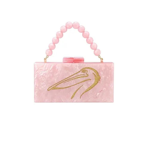 Pochette De Soirée Acrylique Rose Motif Marbre Coque Rigide Design Oiseau Pélican Avec Chaîne Et Bandoulière Perles Pour Femmes