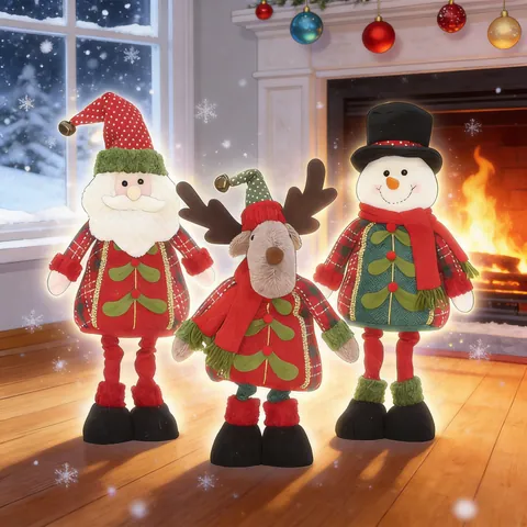 Adornos De Muñeca Telescópica De Navidad Papá Noel Muñeco De Nieve Reno Figurillas De Felpa Tela Tejida Metal Decoración