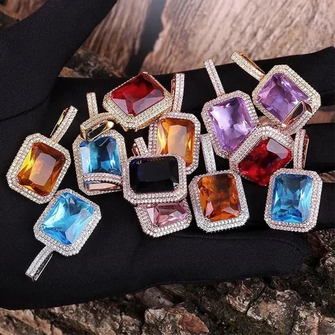 Rectangular Gemstone Pendant Necklace Copper Zircon Halo Hip Hop Style Twisted Rope Chain Jewelry For Men Women