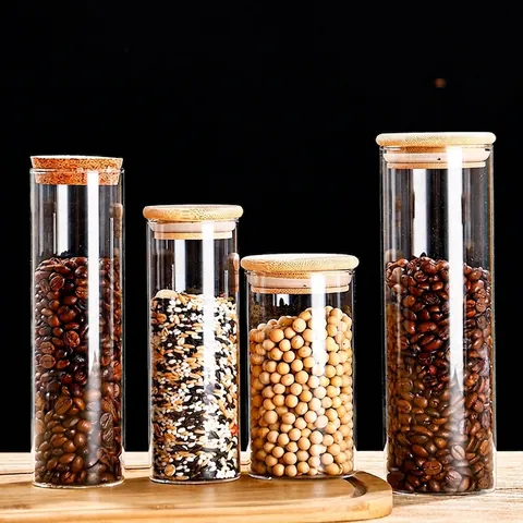 Glass Storage Jar Airtight High Borosilicate Glass Kitchen Container Bamboo Lid Wooden Cover Transparent Food Organizer