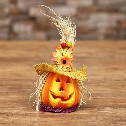 Lanterna Zucca Halloween LED Luminosa Jack-O-Lantern Ornamento Scrivania Spaventapasseri Cappello Strega Schiuma Juta Paglia