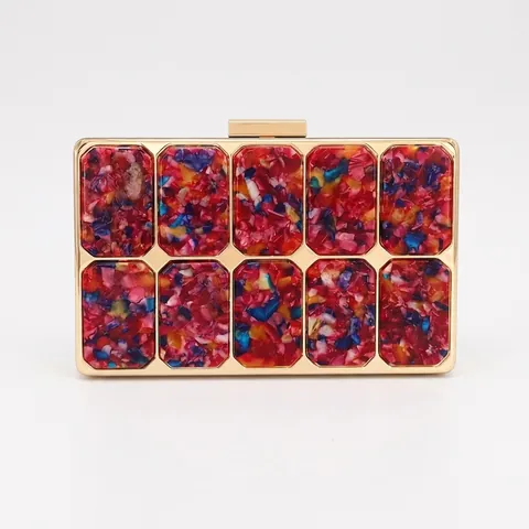 Women Evening Clutch Bag Acrylic Marble Texture Hard Shell Handbag With Gold Metal Frame And Removable Chain For Wedding Party