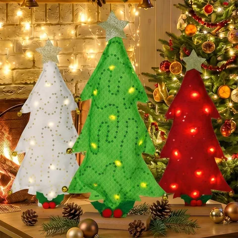 Mini Albero di Natale LED da Scrivania Ornamento in Feltro con Paillettes Base in Legno Decorazione da Tavolo Casa Ufficio
