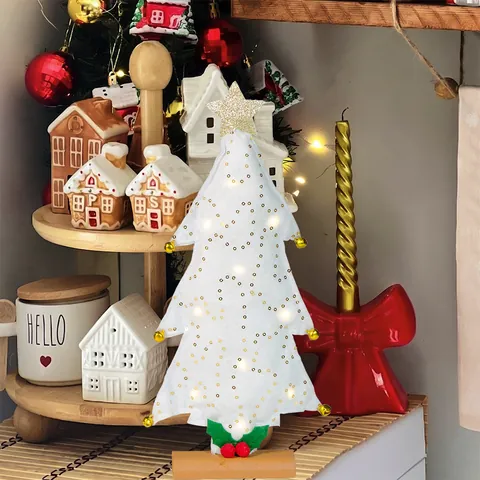 Mini Albero di Natale LED da Scrivania Ornamento in Feltro con Paillettes Base in Legno Decorazione da Tavolo Casa Ufficio