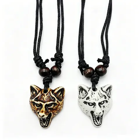 Wolf Head Pendant Necklace Resin Imitation Bone Carving Adjustable Wax Rope Wooden Beads For Men Retro Ethnic Jewelry