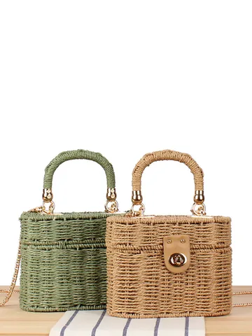 Gewebte Stroh Papierschnur Box Tasche Mit Metallkette Und Drehverschluss Für Damen Strandurlaub Handtasche