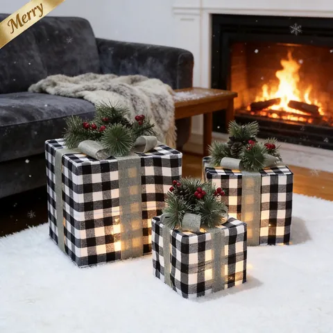 Adorno De Navidad Cuadros Hierro Tela LED Brillante Piña De Pino Baya Lazo Para Decoración De Árboles