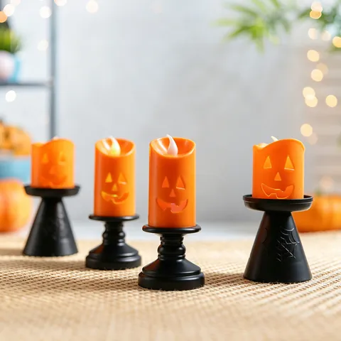 Halloween LED Pumpkin Candle Light Plastic Orange Black Retro Candlestick Lamp For Festival Party Home Table Decor
