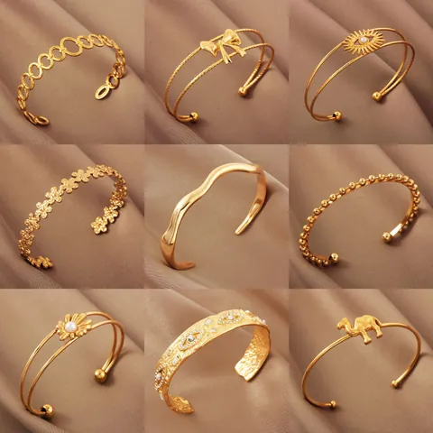 18K Gold Plated 304 Stainless Steel Open Cuff Bangle Waterproof Hypoallergenic Luxury Fashion Adjustable Bracelet For Women