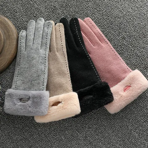 Winterhandschuhe Damen Woll-Kaschmir-Mischung Verdickt Warm Touchscreen Kunstpelzmanschette Elegant