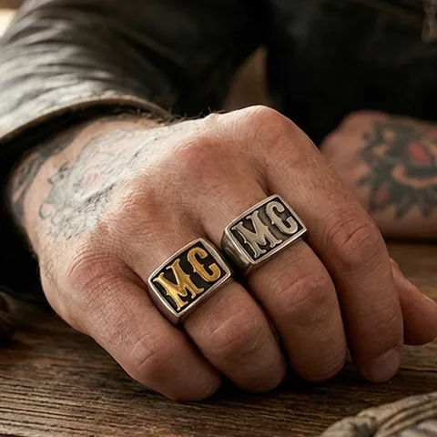 Men Signet Ring Titanium Stainless Steel Square Face Engraved Letters MC HD Vintage Punk Rock Hip Hop Biker Jewelry