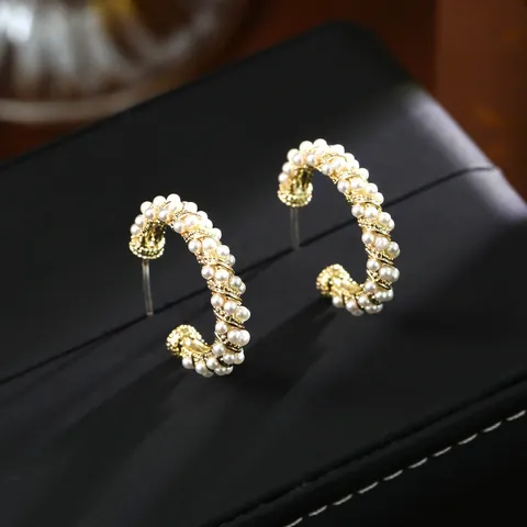 Orecchini a Cerchio Retrò Francesi a Forma di C per Donna in Rame Perla Artificiale Zirconia Orecchini Geometrici