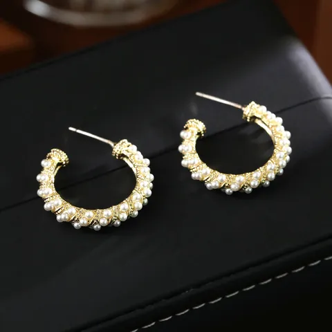 Orecchini a Cerchio Retrò Francesi a Forma di C per Donna in Rame Perla Artificiale Zirconia Orecchini Geometrici