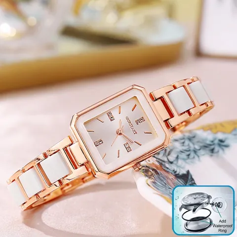 Elegante Reloj Cuarzo Mujer Esfera Rectangular Marcadores Diamantes Correa Aleación Insertos Cerámica Reloj Pulsera Moda
