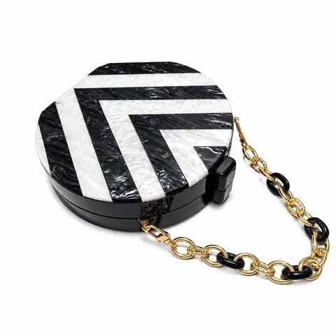 Pochette De Soirée Ronde En Acrylique Avec Motifs Marbrés Et Chevrons Sac À Bandoulière Géométrique À Chaîne Pour Femmes