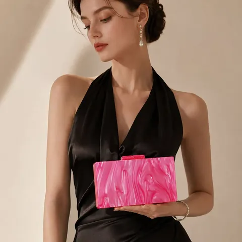 Women Pink Acrylic Marble Evening Bag Elegant Square Box Clutch For Wedding Party Banquet Handbag Simple