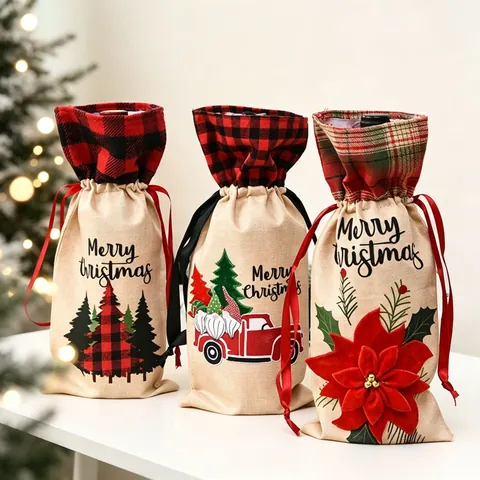 Christmas Wine Bottle Covers Burlap Plaid Drawstring Gift Bags Rustic Festive Holiday Table Decor Reusable Bottle Sleeve